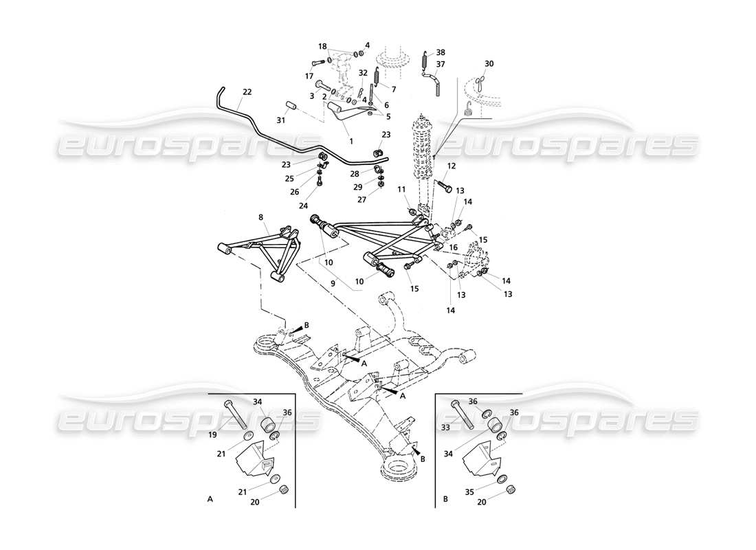 Maserati QTP V8 Evoluzione Rear Suspension and Antiroll Bar Part Diagram