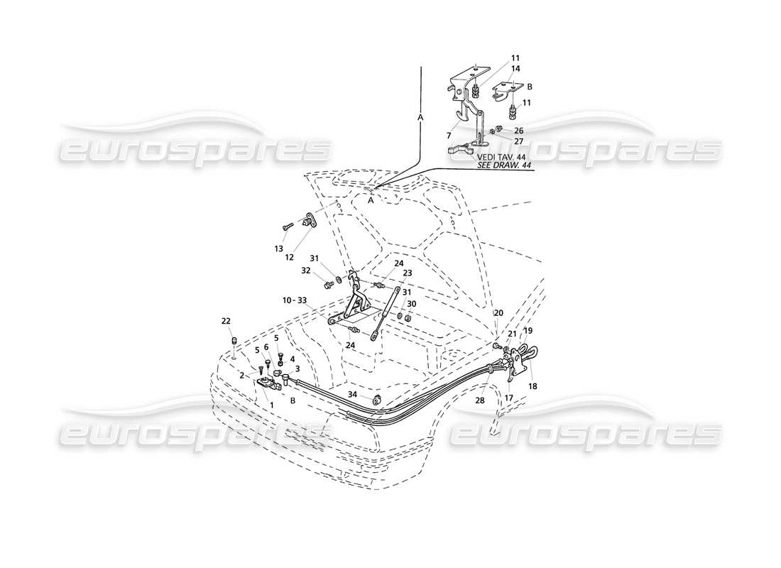 Maserati QTP V8 Evoluzione Bonnet: Hinges and Bonnet Release Parts Diagram