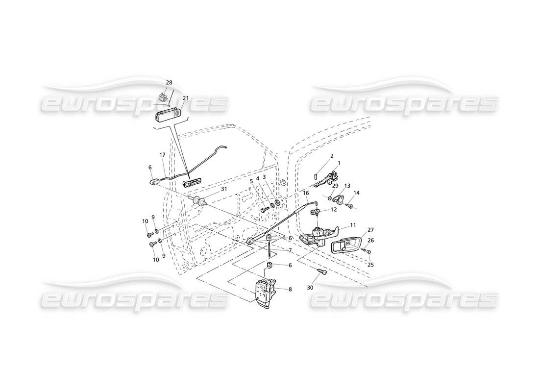 Maserati QTP V6 Evoluzione Front Doors: Hinges and Inner Controls Parts Diagram