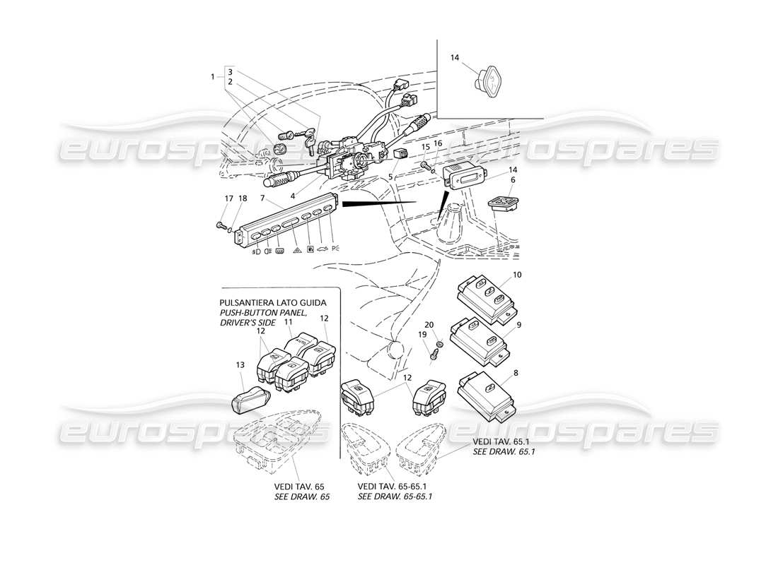 Maserati QTP V6 Evoluzione Switches and Steering Lock Parts Diagram