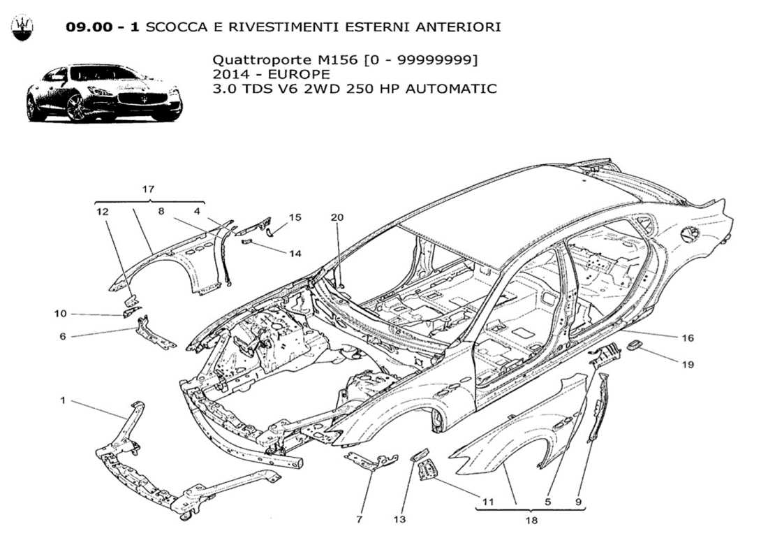 Maserati QTP. V6 3.0 TDS 250bhp 2014 BODYWORK AND FRONT OUTER TRIM PANELS Part Diagram