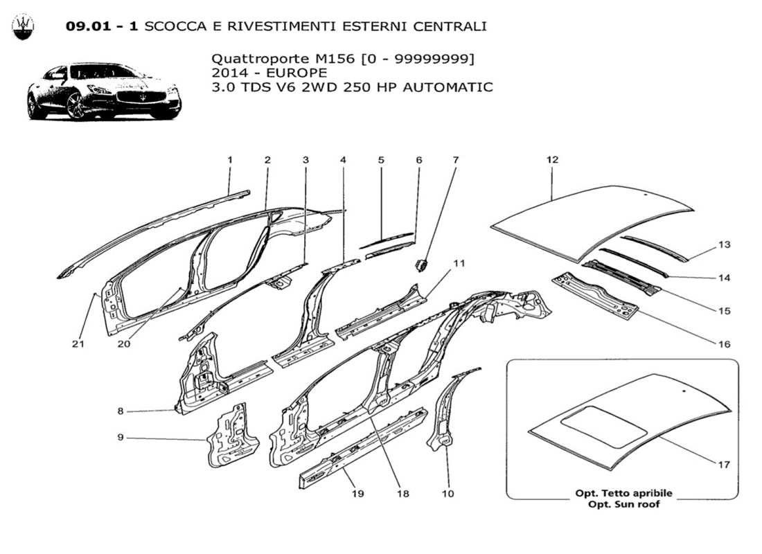 Maserati QTP. V6 3.0 TDS 250bhp 2014 BODYWORK AND CENTRAL OUTER TRIM PANELS Part Diagram