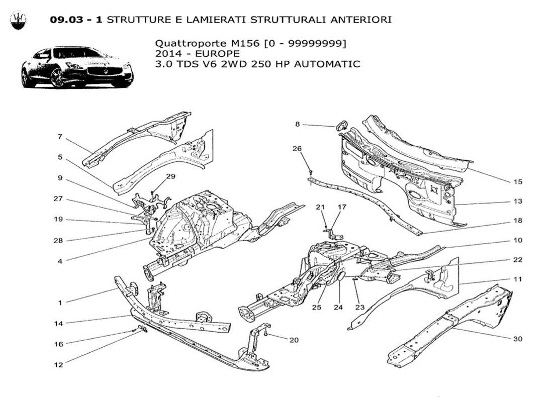 Maserati QTP. V6 3.0 TDS 250bhp 2014 front structural frames and sheet panels Part Diagram