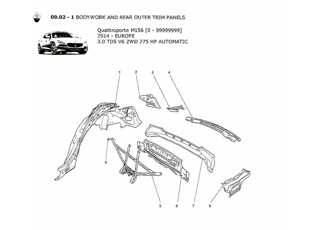Maserati QTP. V6 3.0 TDS 275bhp 2014 BODYWORK AND REAR OUTER TRIM PANELS Part Diagram