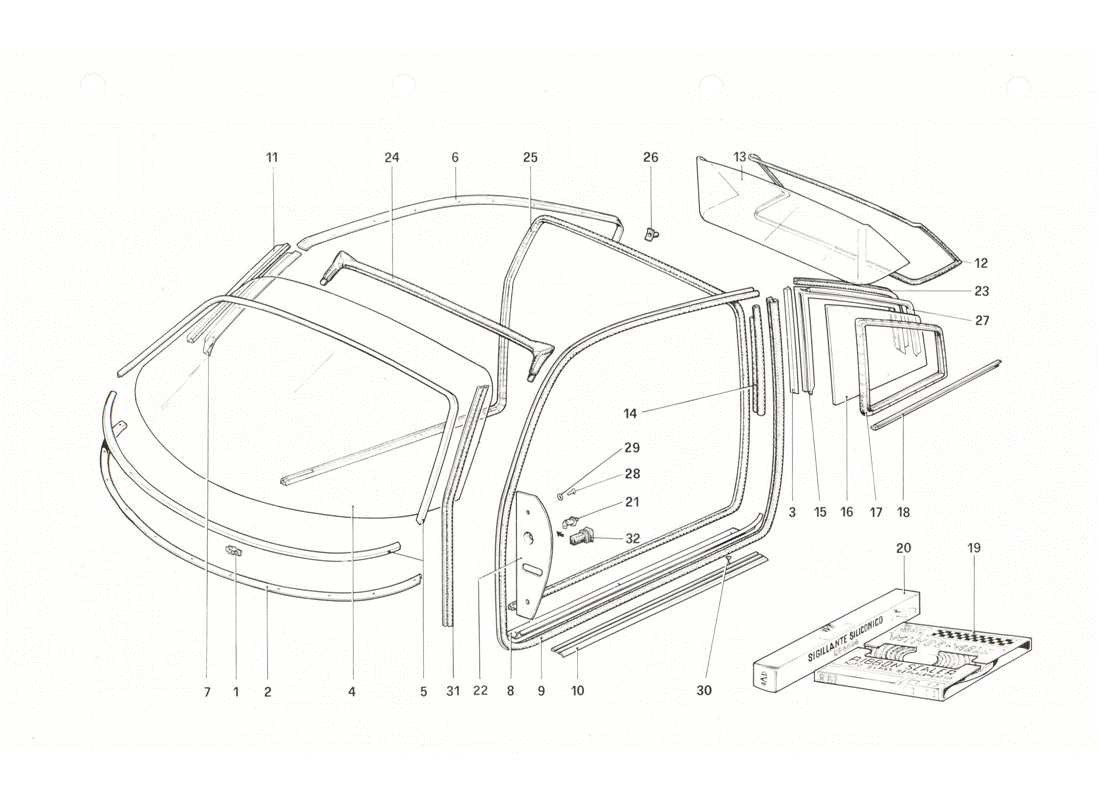 Ferrari 208 GTB GTS Glasses Part Diagram