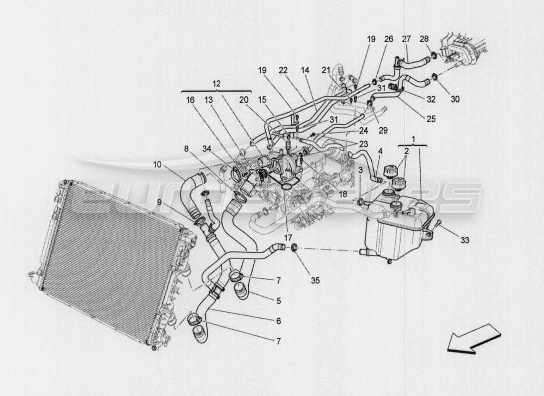 Maserati QTP. V8 3.8 530bhp Auto 2015 cooling system: nourice and lines Parts Diagram