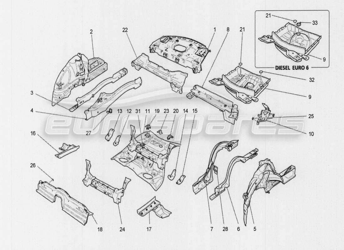 Maserati QTP. V8 3.8 530bhp Auto 2015 central structural frames and sheet panels Part Diagram