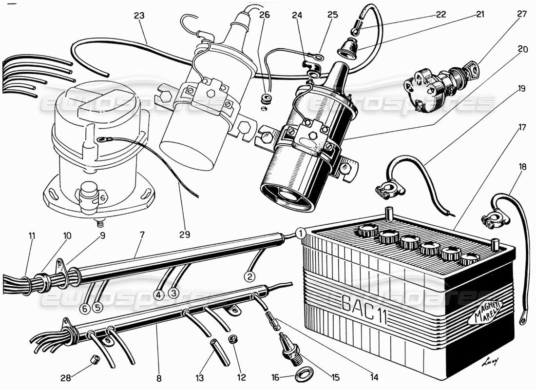 Ferrari 330 GT 2+2 Wiring - Ignition Coils and Battery Parts Diagram