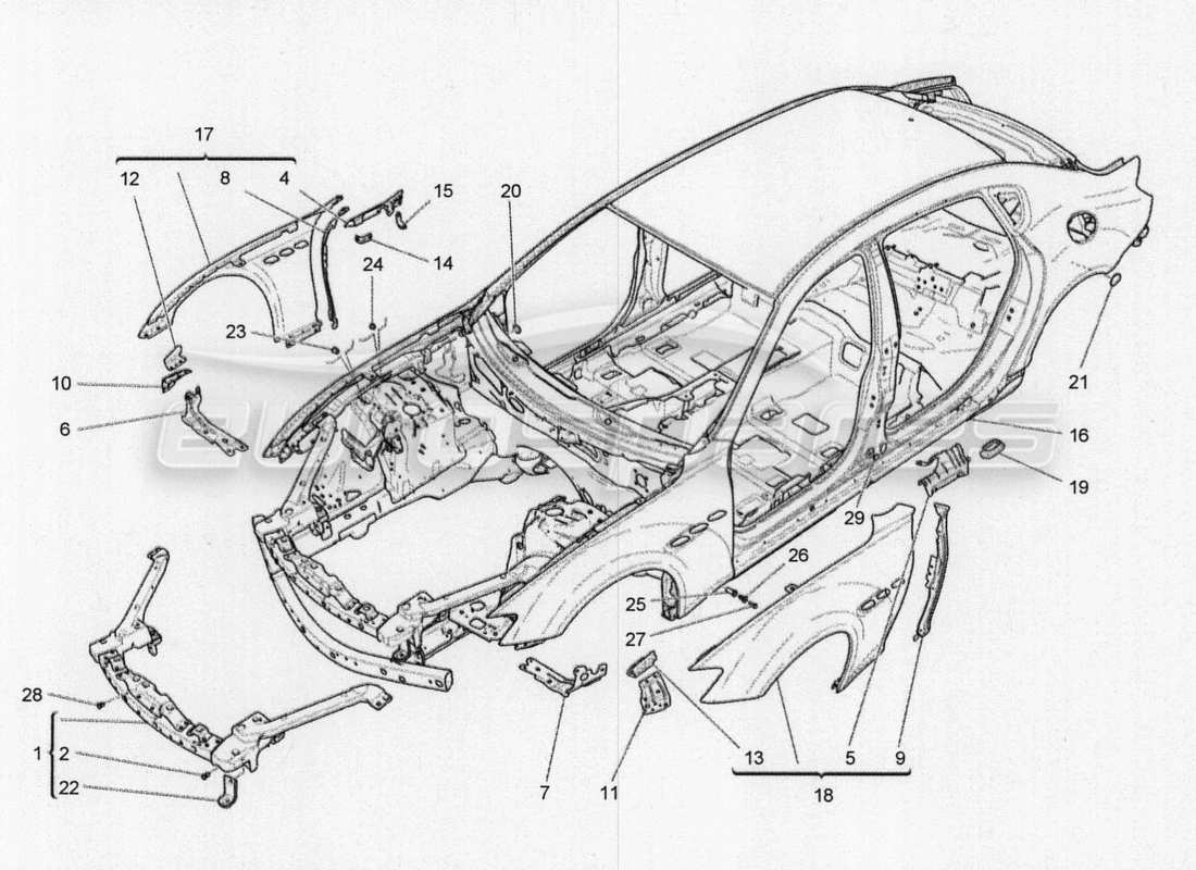Maserati QTP. V8 3.8 530bhp 2014 Auto BODYWORK AND FRONT OUTER TRIM PANELS Part Diagram