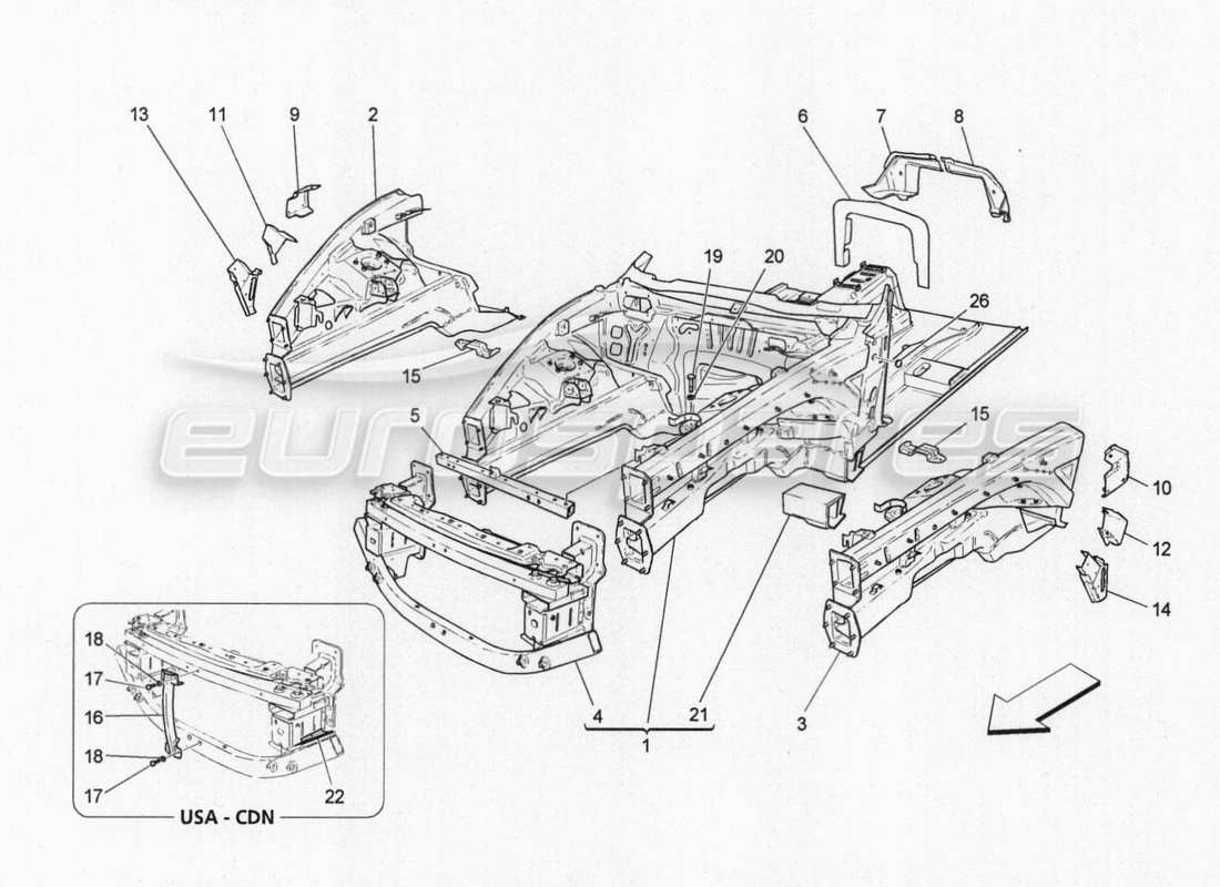 Maserati GranTurismo Special Edition front structural frames and sheet panels Part Diagram