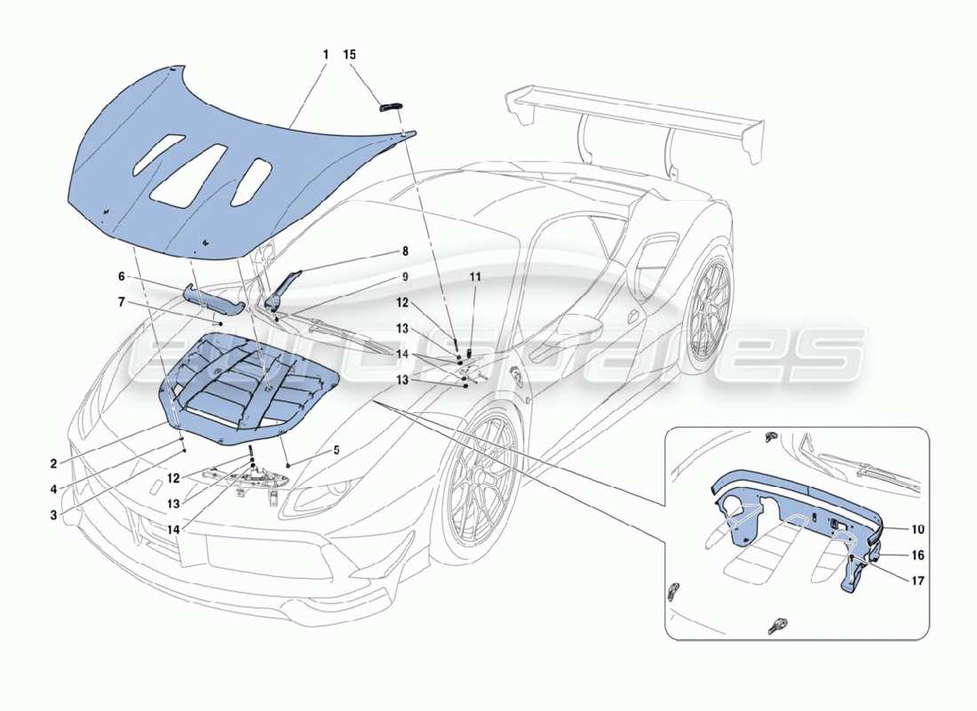 Ferrari 488 Challenge Front Hood Parts Diagram