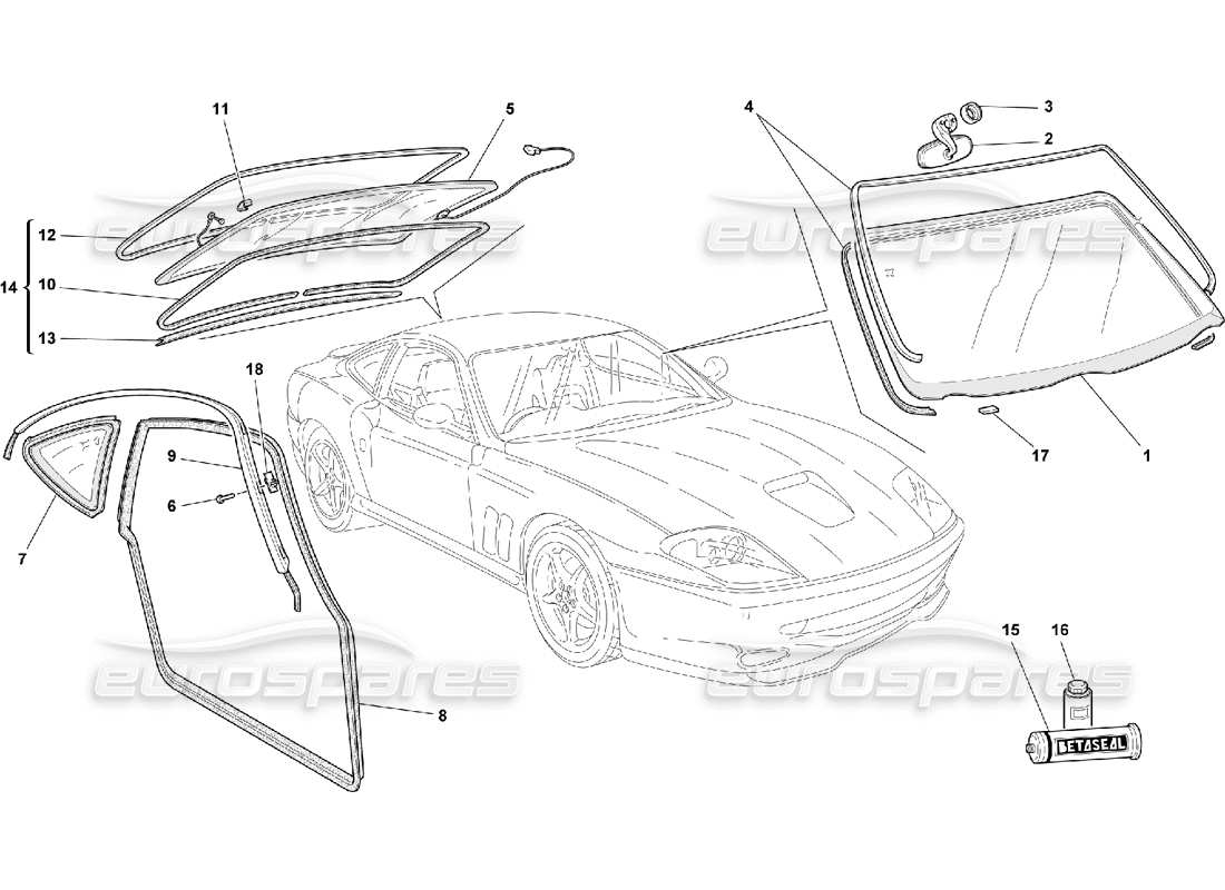 Ferrari 550 Maranello Glasses and Gaskets Parts Diagram