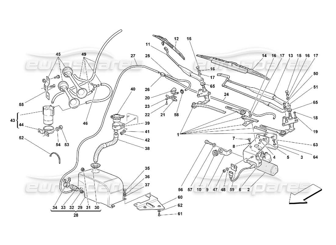Ferrari 550 Maranello Windscreen Wiper, Windscreen Washer and Horns Parts Diagram
