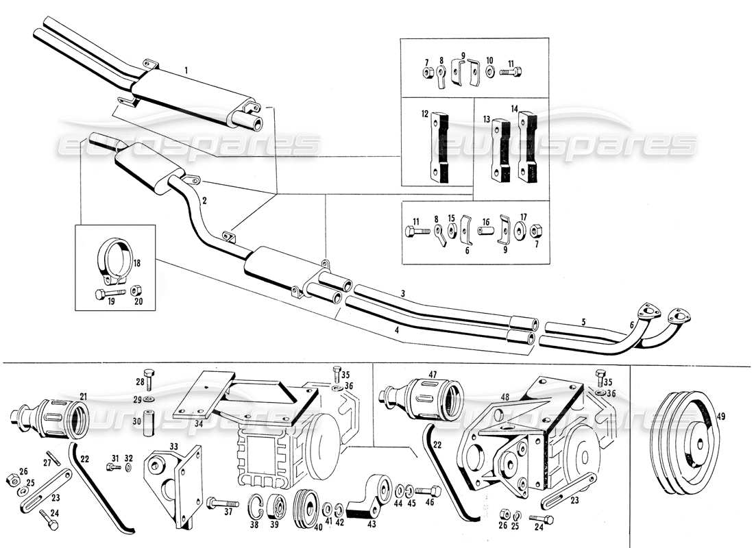 Maserati Mistral 3.7 Exhaust Pipes and Compressor Bracket Parts Diagram