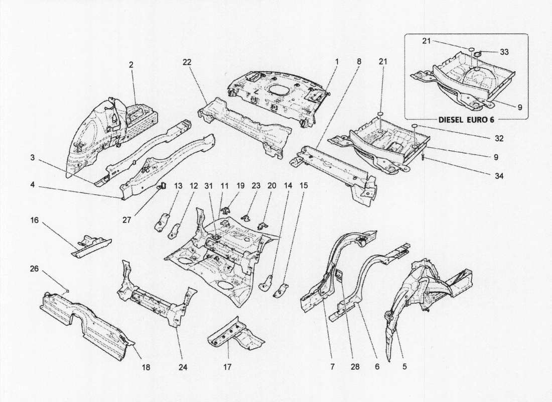 Maserati QTP. V6 3.0 BT 410bhp 2wd 2017 rear structural frames and sheet panels Part Diagram