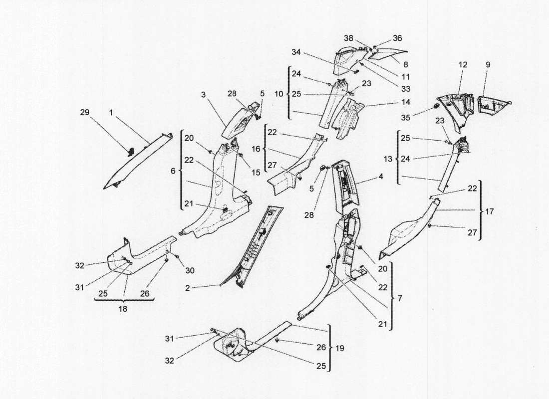 Maserati QTP. V6 3.0 BT 410bhp 2wd 2017 PASSENGER COMPARTMENT B PILLAR TRIM PANELS AND SIDE PANELS Part Diagram