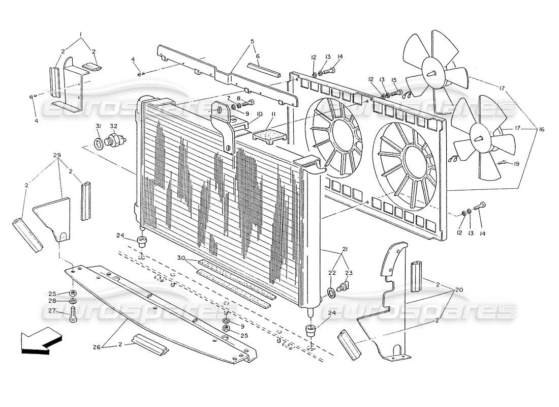 Maserati Ghibli 2.8 (Non ABS) radiator and cooling fans Part Diagram