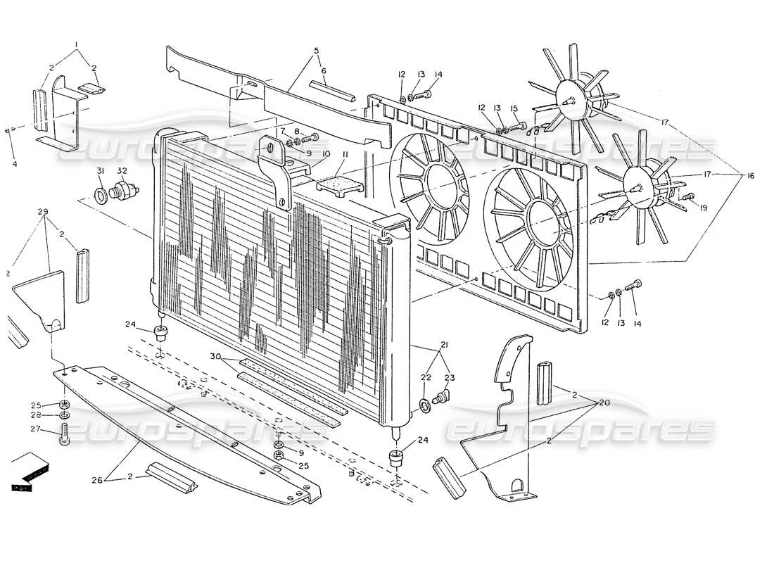 Maserati Ghibli 2.8 (Non ABS) radiator and cooling fans Part Diagram