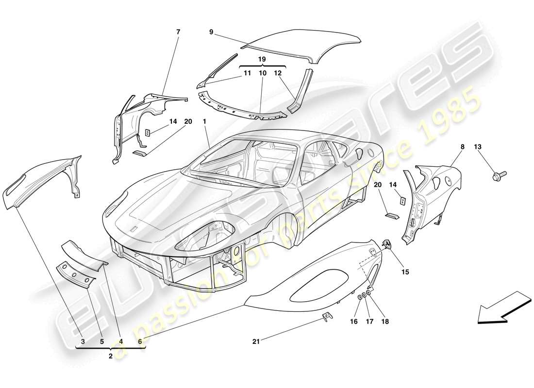 Ferrari F430 Scuderia (RHD) bodyshell - exterior trim Part Diagram