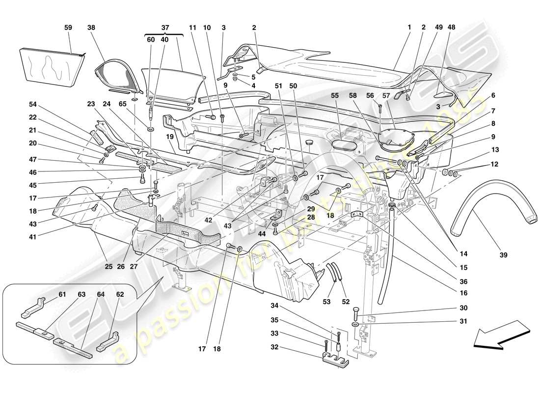Ferrari F430 Scuderia (RHD) roof trim and container tub Part Diagram