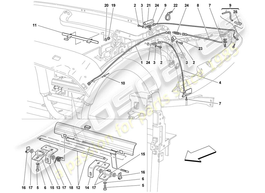 Ferrari F430 Scuderia (RHD) roof cables and mechanism Part Diagram