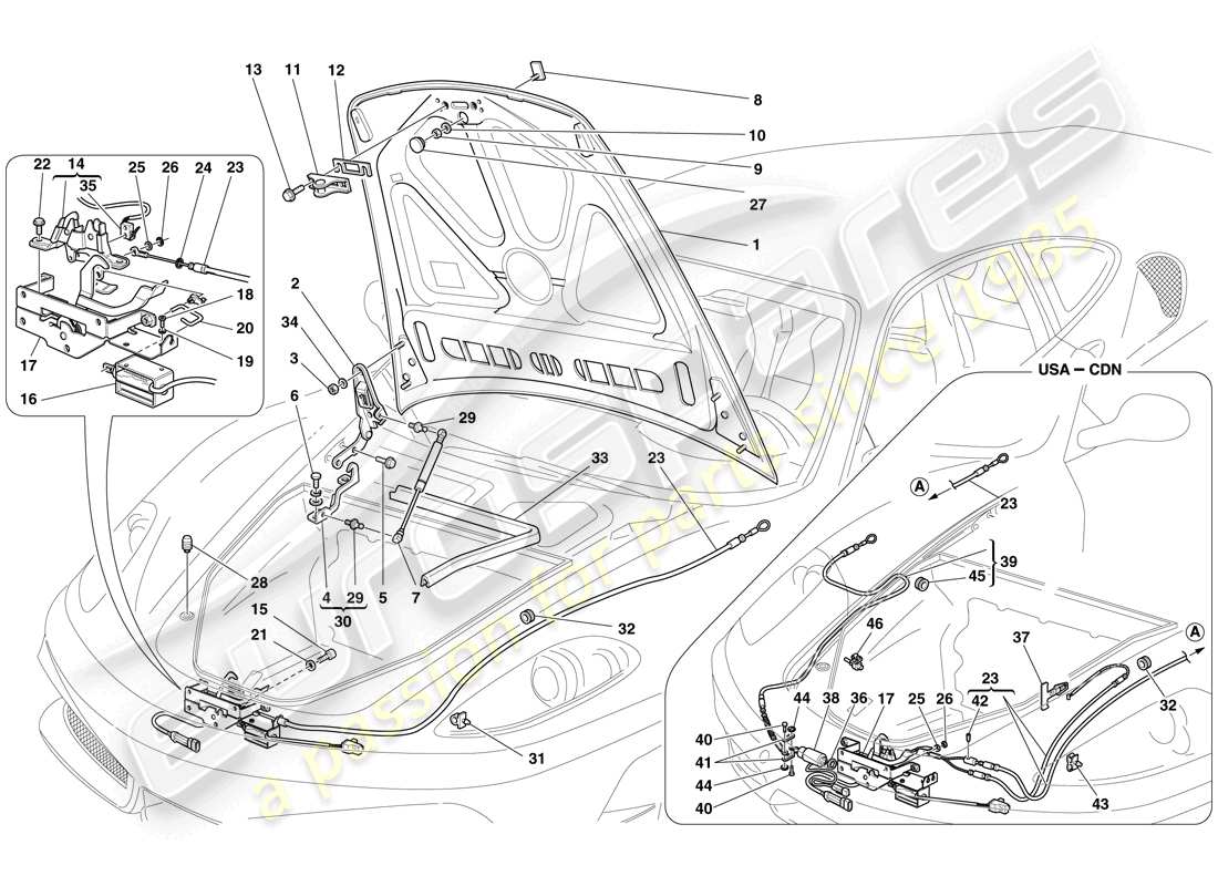 Ferrari F430 Scuderia (RHD) FRONT LID AND OPENING MECHANISM Part Diagram