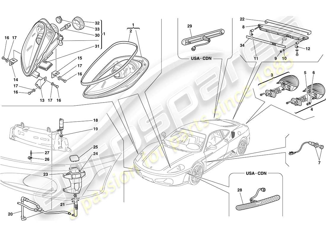 Ferrari F430 Coupe (RHD) HEADLIGHTS AND TAILLIGHTS Parts Diagram