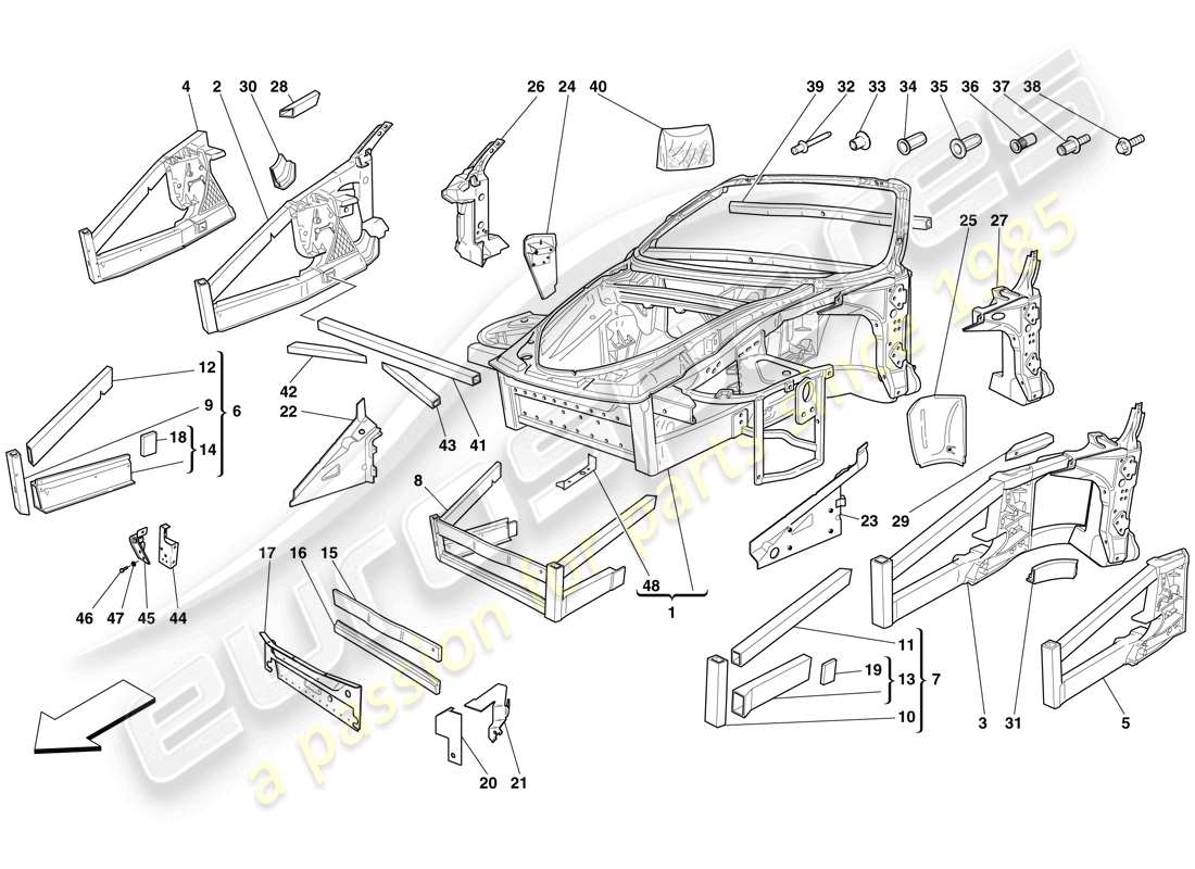 Ferrari F430 Spider (Europe) CHASSIS - STRUCTURE, FRONT ELEMENTS AND PANELS Part Diagram