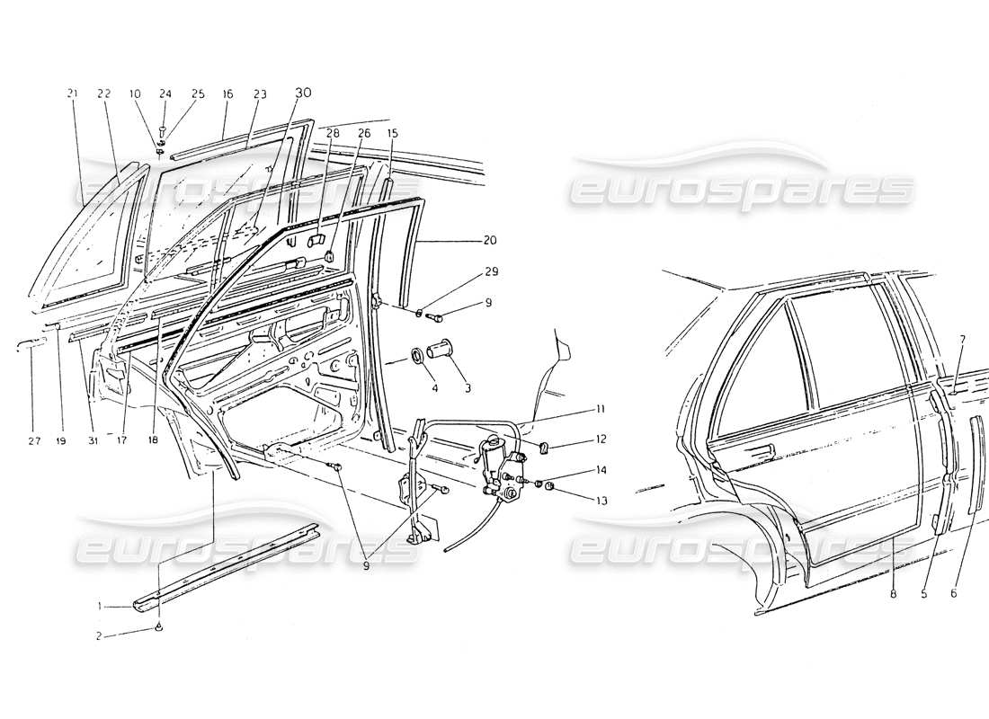 Maserati 418 / 4.24v / 430 Rear Doors, Glasses and Window Lifts Part Diagram