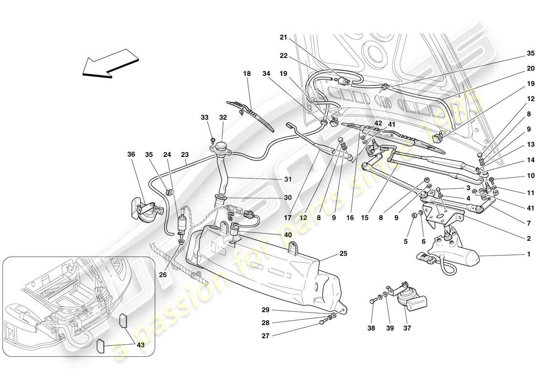 Ferrari F430 Spider (USA) Windscreen Wiper, Windscreen Washer and Horns Part Diagram