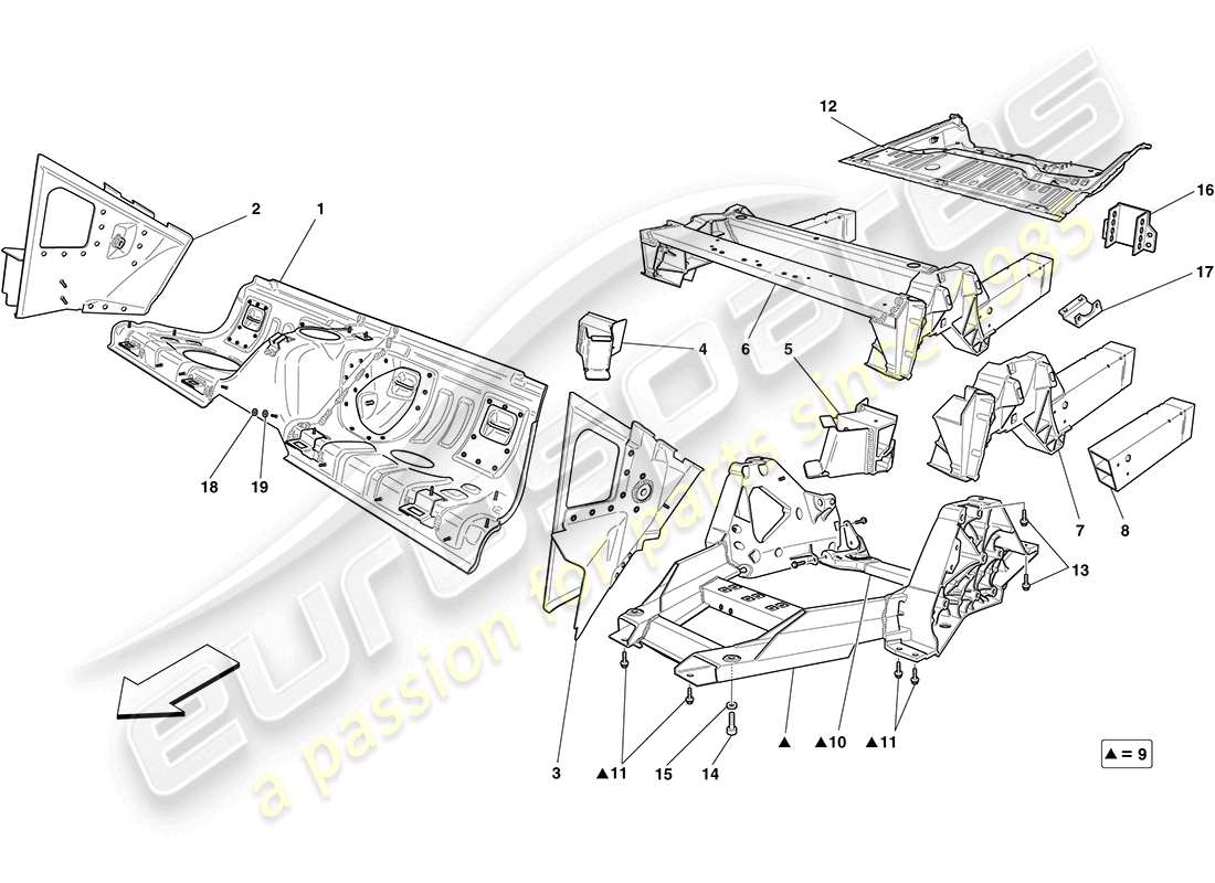 Ferrari California (USA) rear structures and chassis box sections Parts Diagram