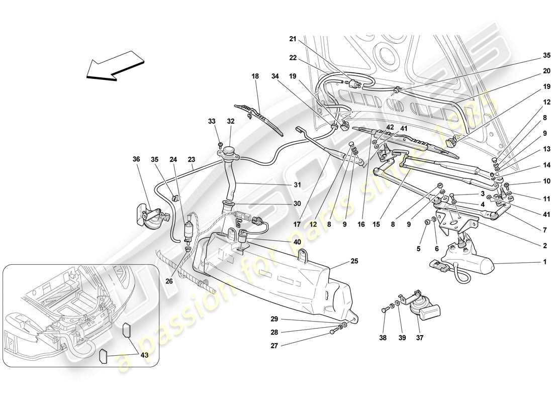 Ferrari F430 Scuderia Spider 16M (USA) Windscreen Wiper, Windscreen Washer and Horns Part Diagram