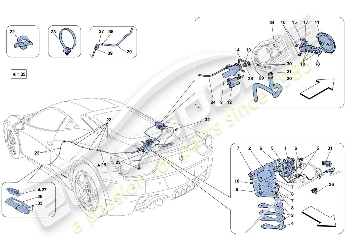 Ferrari 458 Italia (Europe) ENGINE COMPARTMENT LID AND FUEL FILLER FLAP OPENING MECHANISMS Part Diagram