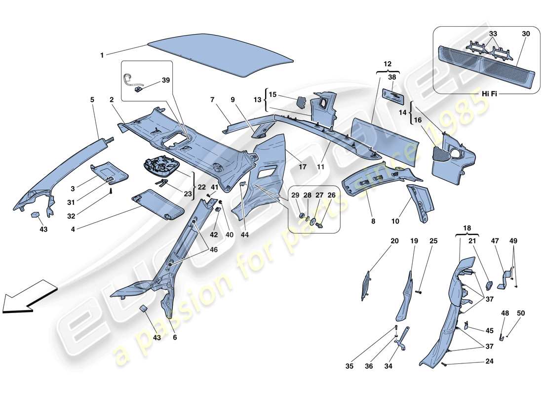 Ferrari 458 Italia (RHD) HEADLINER TRIM AND ACCESSORIES Parts Diagram