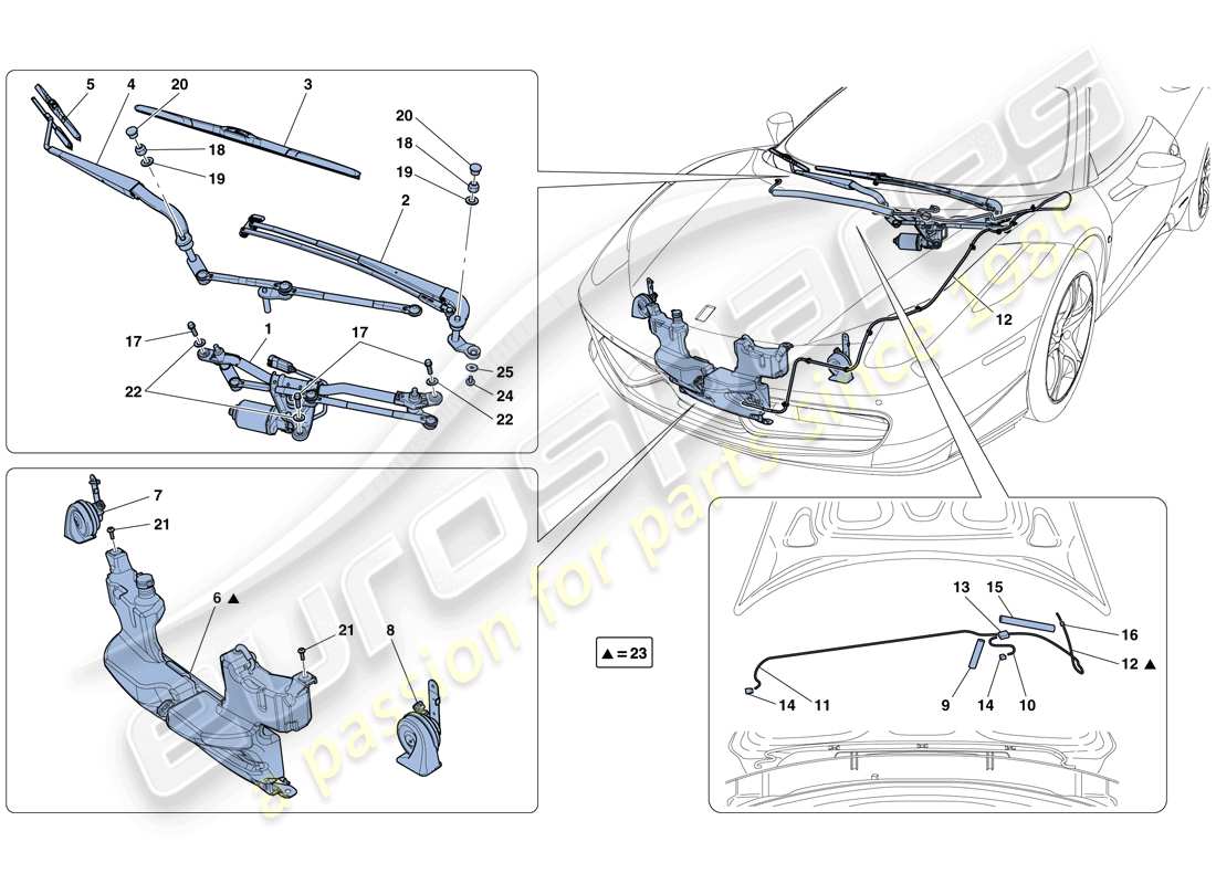 Ferrari 458 Spider (Europe) Windscreen Wiper, Windscreen Washer and Horns Parts Diagram