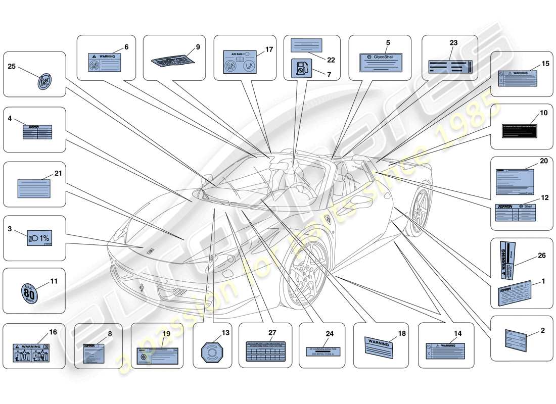 Ferrari 458 Spider (Europe) ADHESIVE LABELS AND PLAQUES Part Diagram