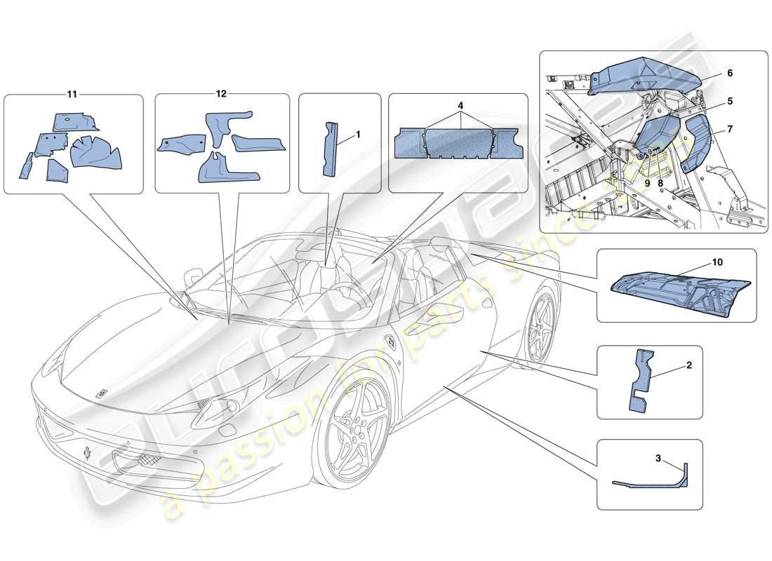 Ferrari 458 Spider (RHD) Insulation Parts Diagram