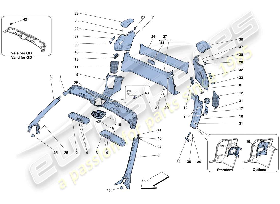 Ferrari 458 Spider (RHD) HEADLINER TRIM AND ACCESSORIES Part Diagram