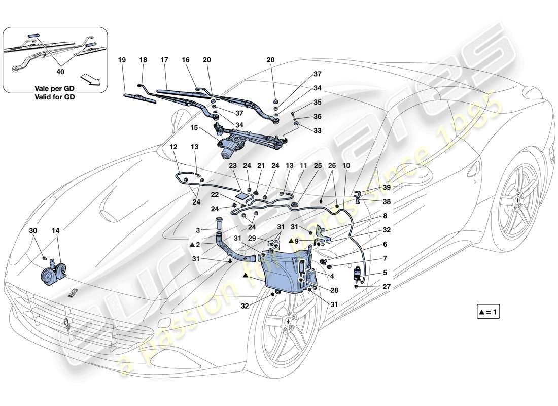 Ferrari California T (Europe) Windscreen Wiper, Windscreen Washer and Horns Parts Diagram