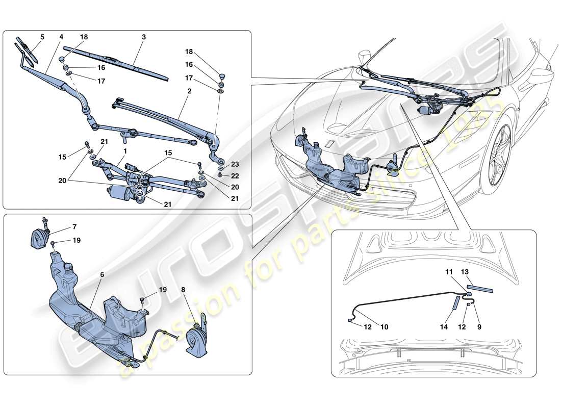 Ferrari 458 Speciale (RHD) Windscreen Wiper, Windscreen Washer and Horns Part Diagram