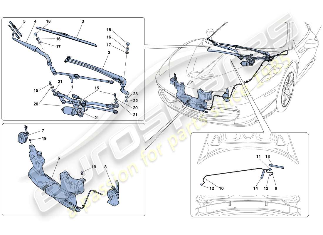 Ferrari 458 Speciale Aperta (Europe) Windscreen Wiper, Windscreen Washer and Horns Parts Diagram