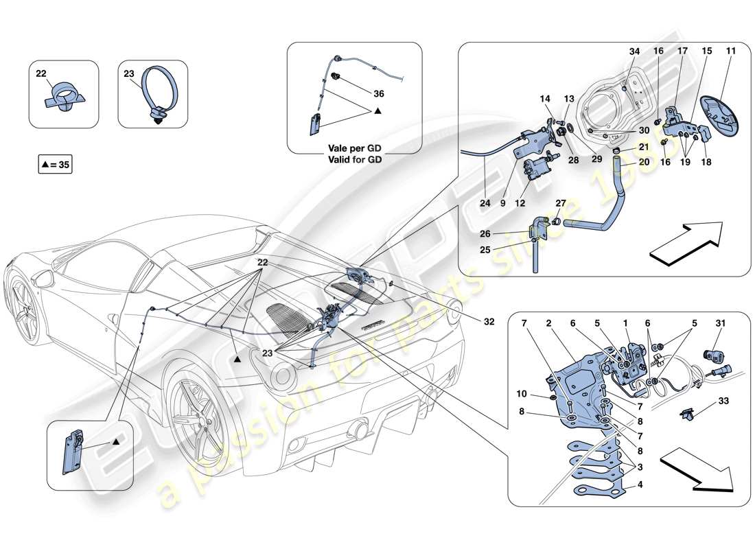 Ferrari 458 Speciale Aperta (USA) ENGINE COMPARTMENT LID AND FUEL FILLER FLAP OPENING MECHANISMS Part Diagram