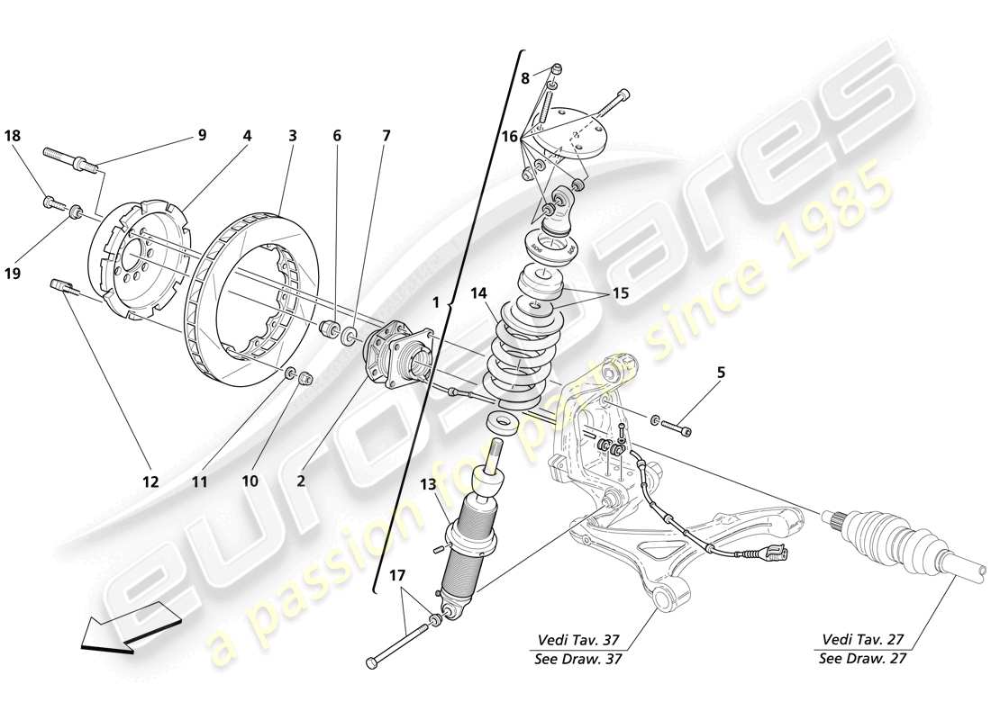 Maserati Trofeo Rear Suspension - Shock Absorber and Brake Disc Part Diagram