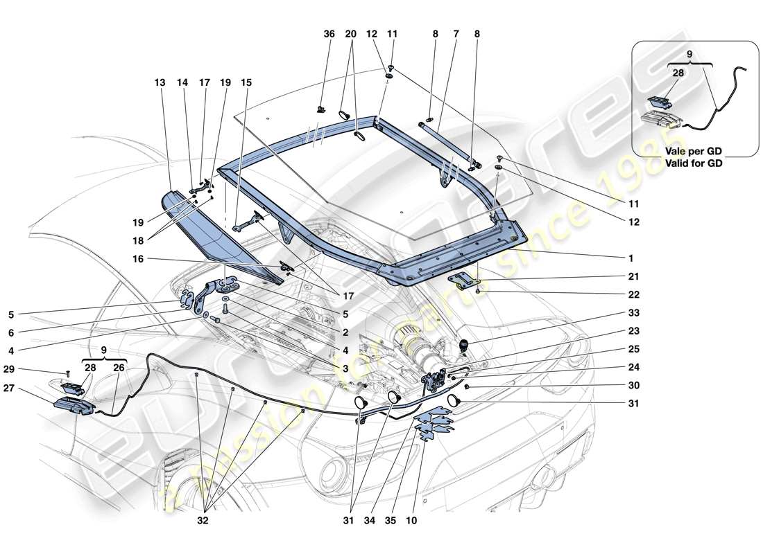 Ferrari 488 GTB (RHD) ENGINE COMPARTMENT LID AND RELEASE MECHANISM Parts Diagram