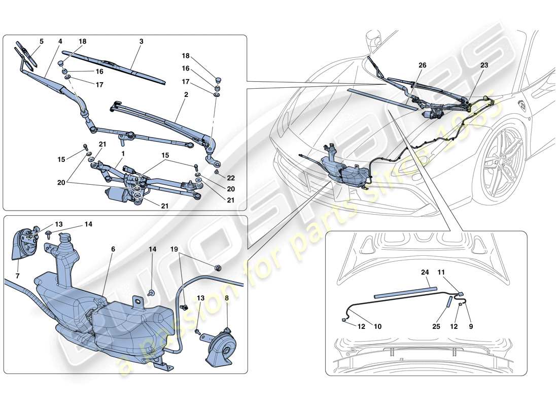 Ferrari 488 GTB (RHD) Windscreen Wiper, Windscreen Washer and Horns Parts Diagram