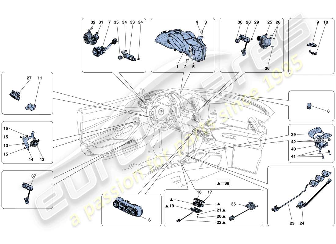 Ferrari 488 Spider (RHD) DASHBOARD AND TUNNEL INSTRUMENTS Parts Diagram