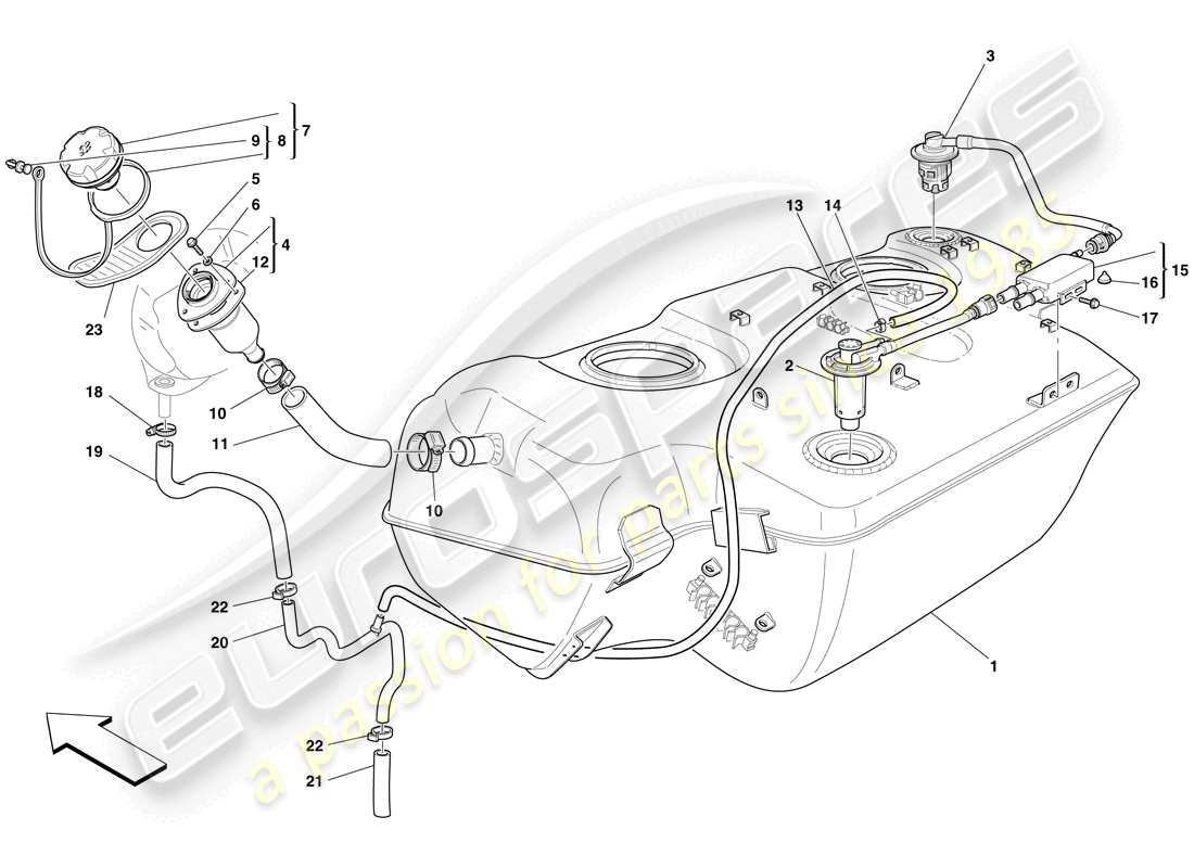 Ferrari 599 GTB Fiorano (RHD) fuel tank - filler neck and pipes Part Diagram