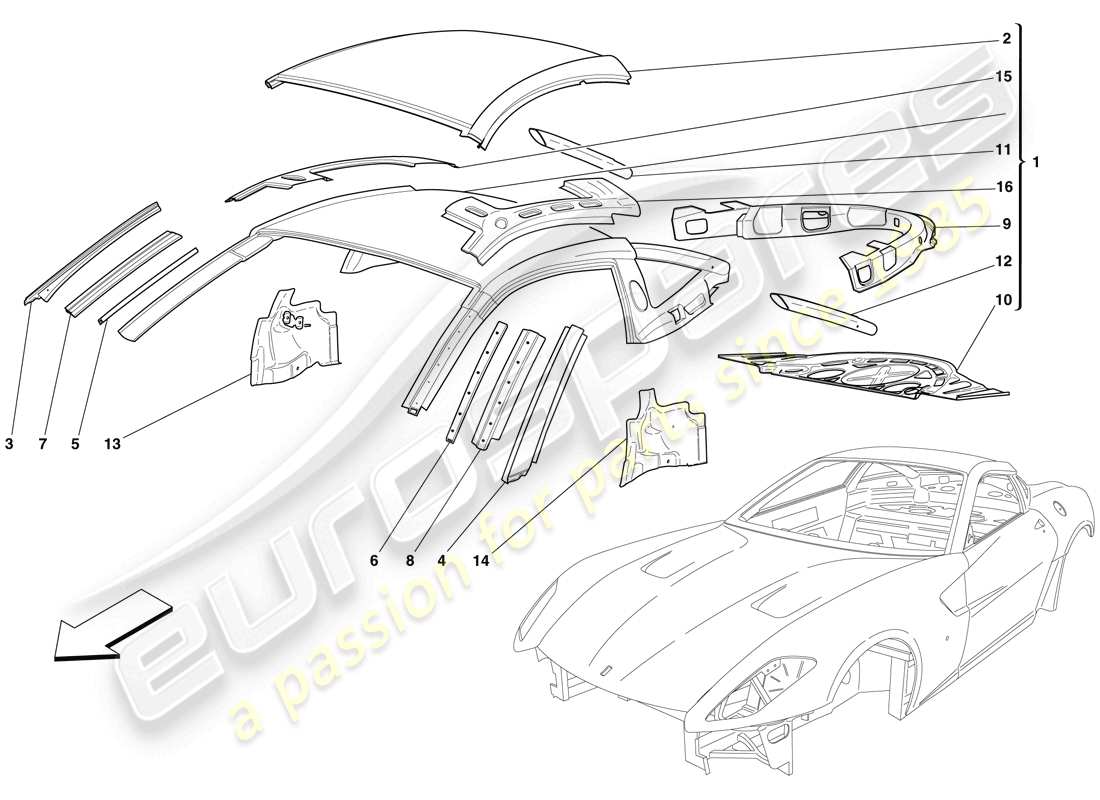 Ferrari 599 GTB Fiorano (USA) BODYSHELL - ROOF Part Diagram