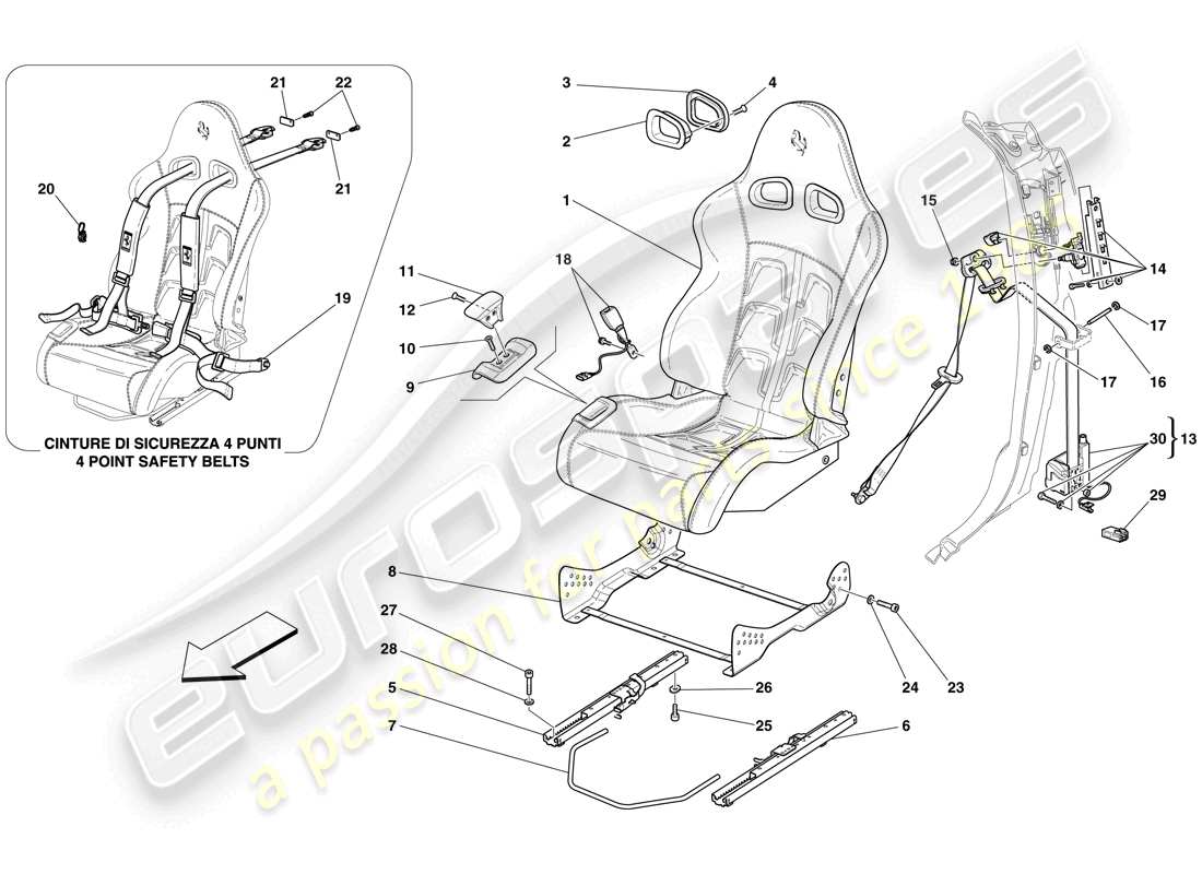 Ferrari 599 GTB Fiorano (USA) front racing seat - rails and mechanism Part Diagram