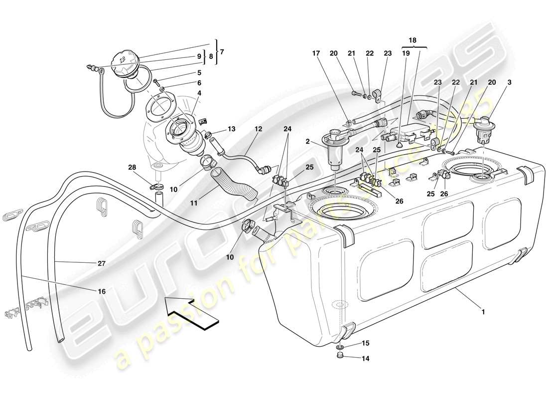 Ferrari 612 Sessanta (Europe) fuel tank - filler neck and pipes Parts Diagram